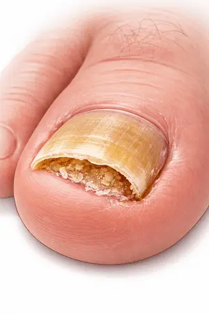 Wie sieht Nagelpilz aus bei schwerer Infektion und krümeliger Struktur.